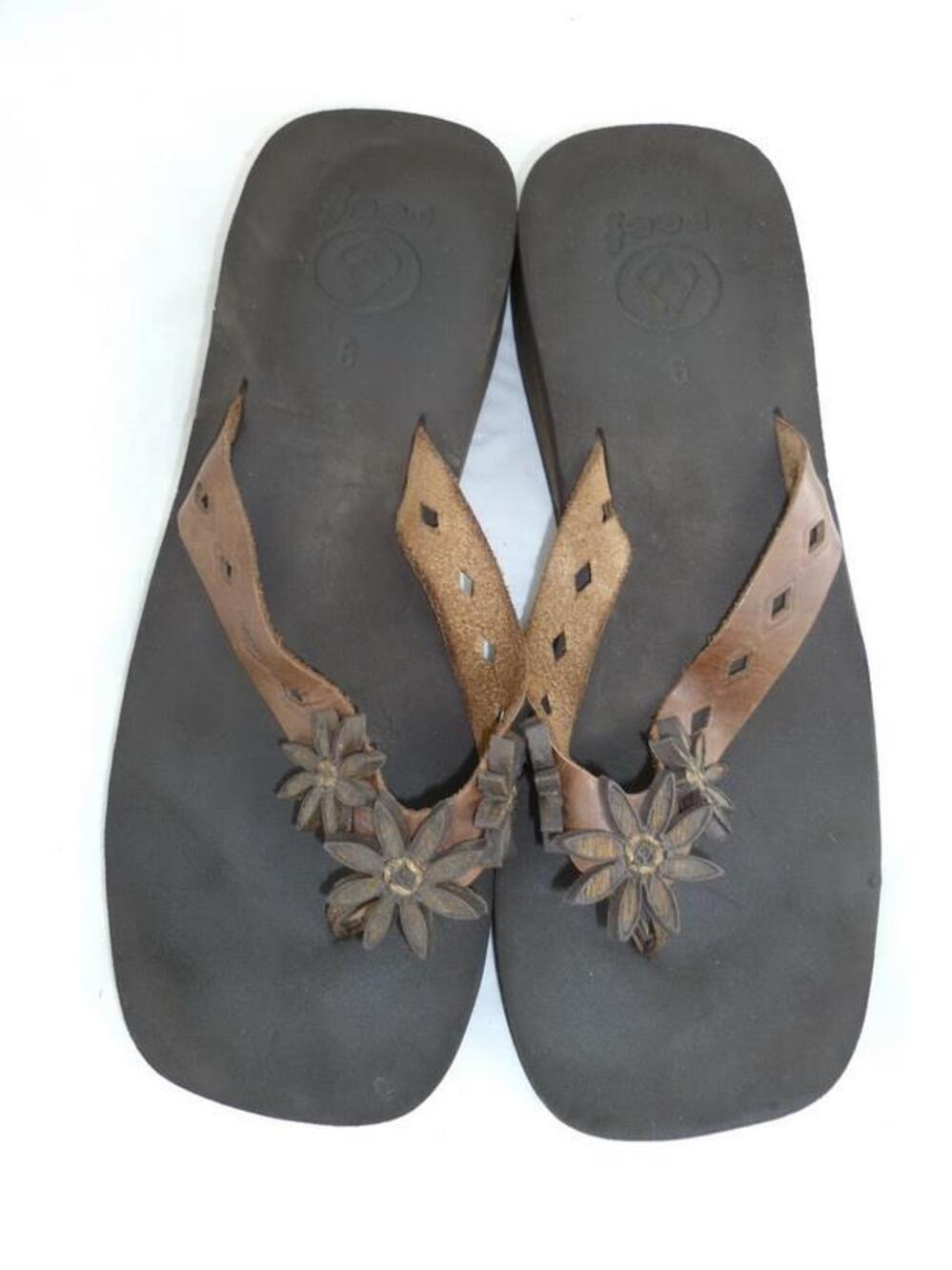 REEF 9 USED BROWN LEATHER/WOOD FLORAL PLATFORM THONGS/SANDALS/SHOES/FLIP FLOPS